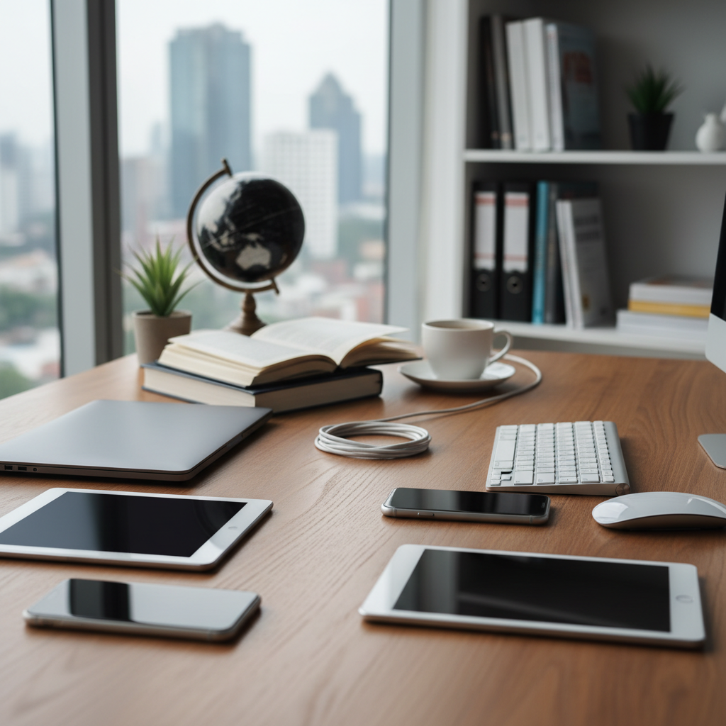 crea un immagine che rappresenti la connettivita con il cliente per una consulenza professionale parti dall'immagine che è senezianata, aggiungi smartphon tablet sulla scrivania lasciando tutto il resto inalterato
 senza figure umane , senza scritte o slogan